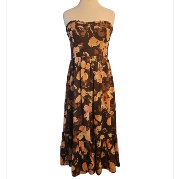 Storia Sheer Floral Brown printed Midi dress Bustier Ruffled Hem Large Strapless - Picture 3 of 10